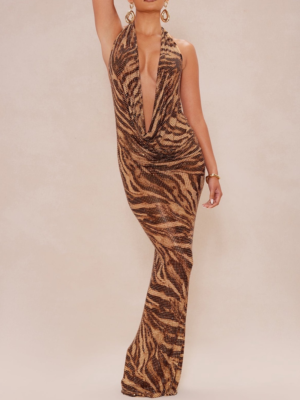 Deep V-Neck Animal Print Halter Maxi Dress rhinestone Brown